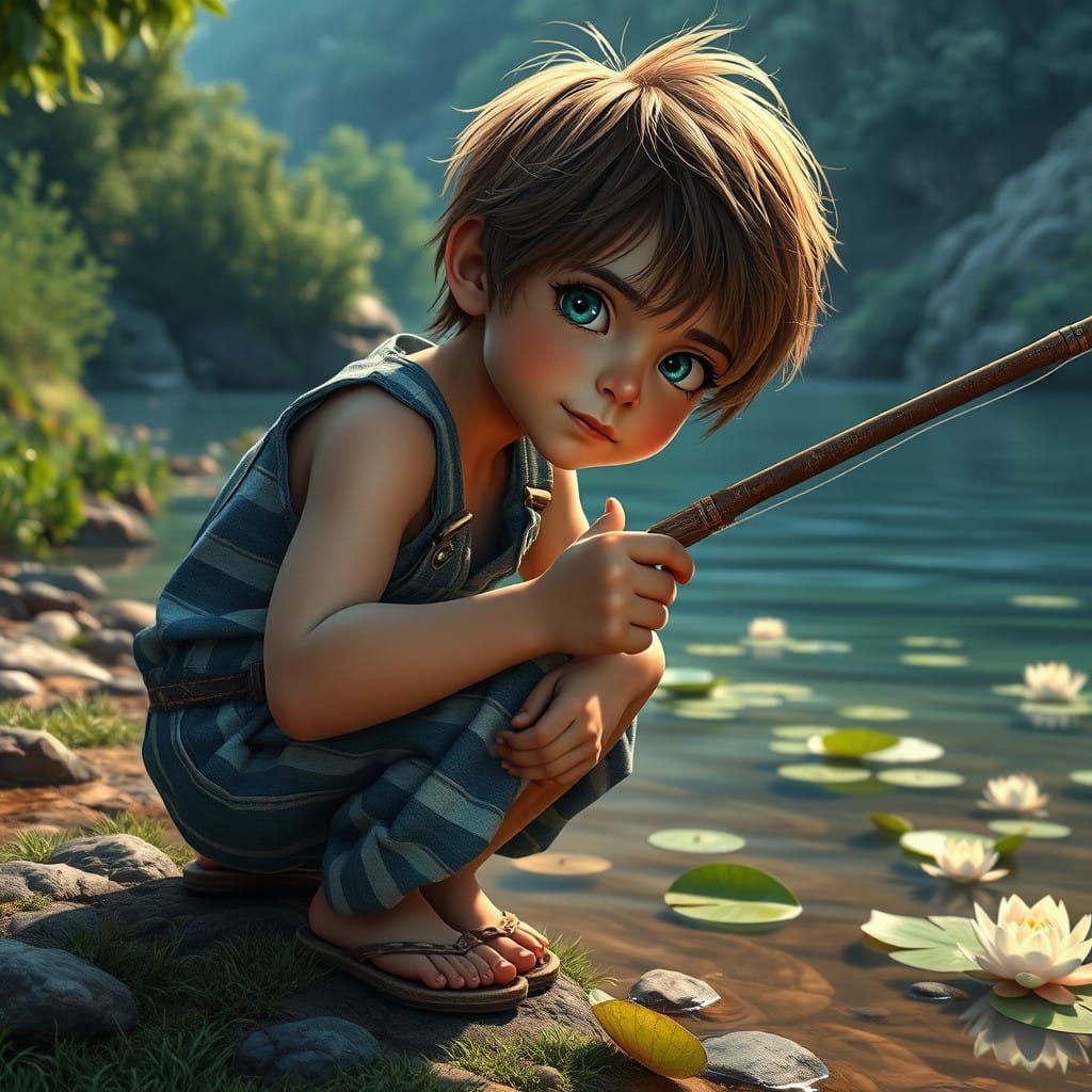 European Boy Fishing on Riverbank in Whimsical Landscape
