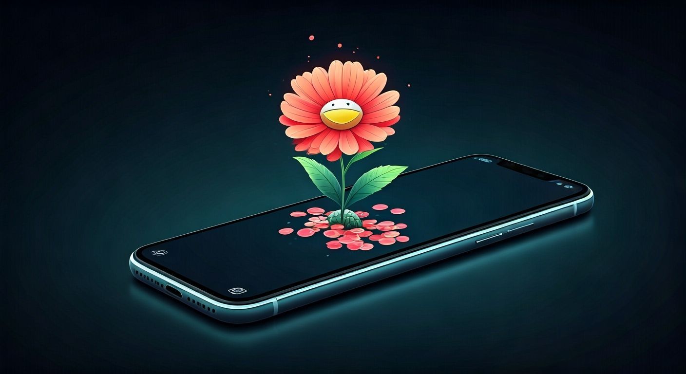 Beautiful flower growing out from a smartphone. Delicate details.