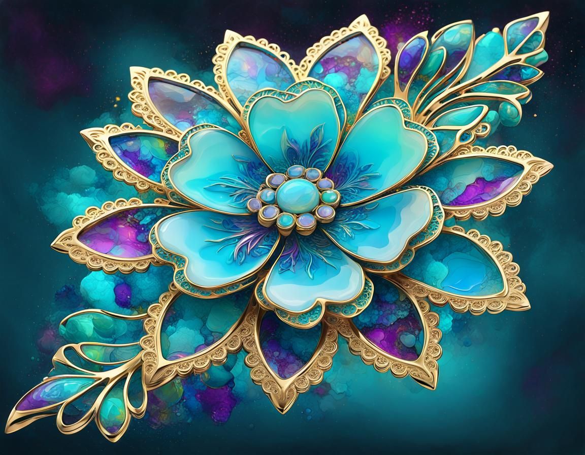 Turquoise Fractal Flower Brooch in Polychromatic Style