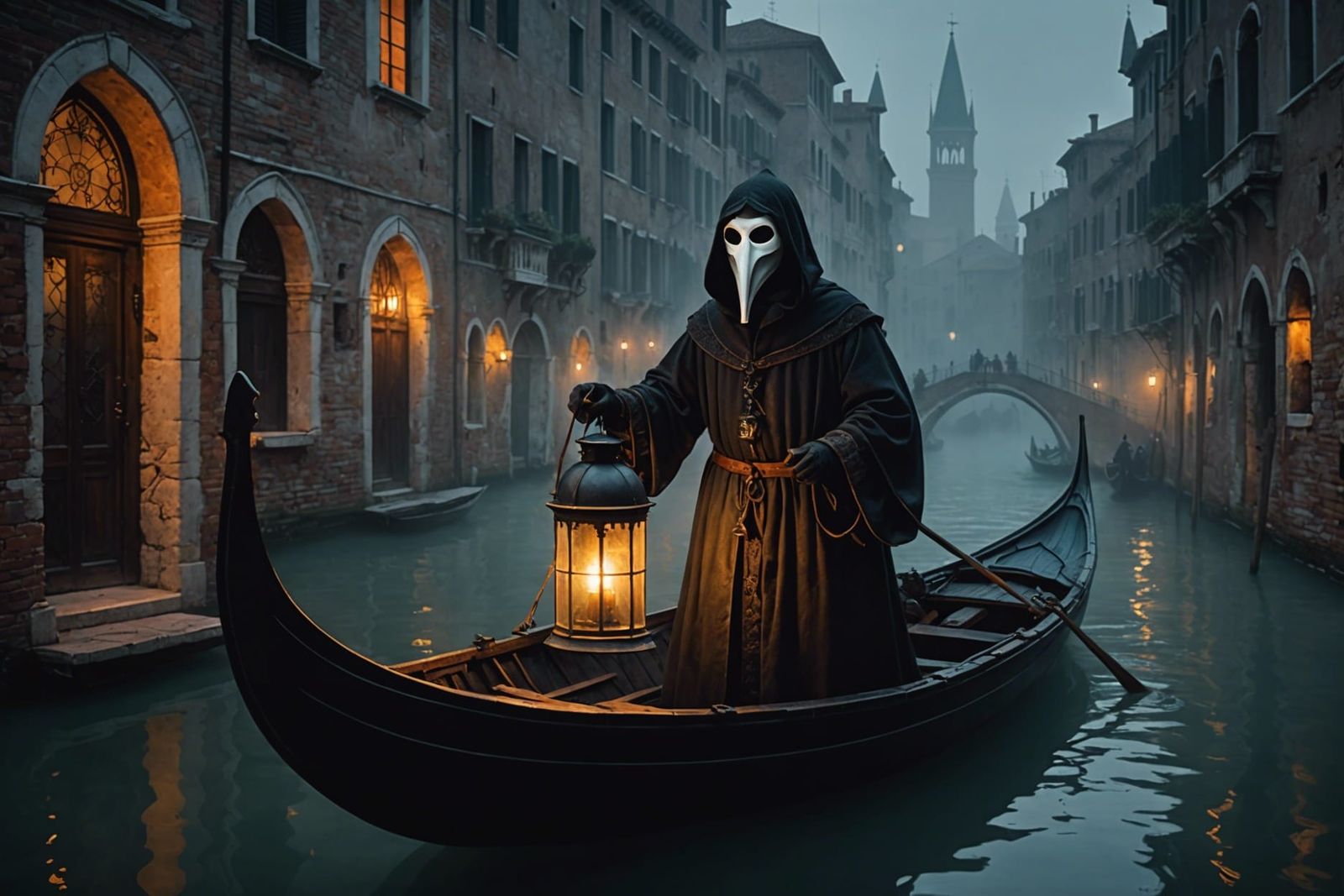 Plague Doctor in Venice Fog at Night