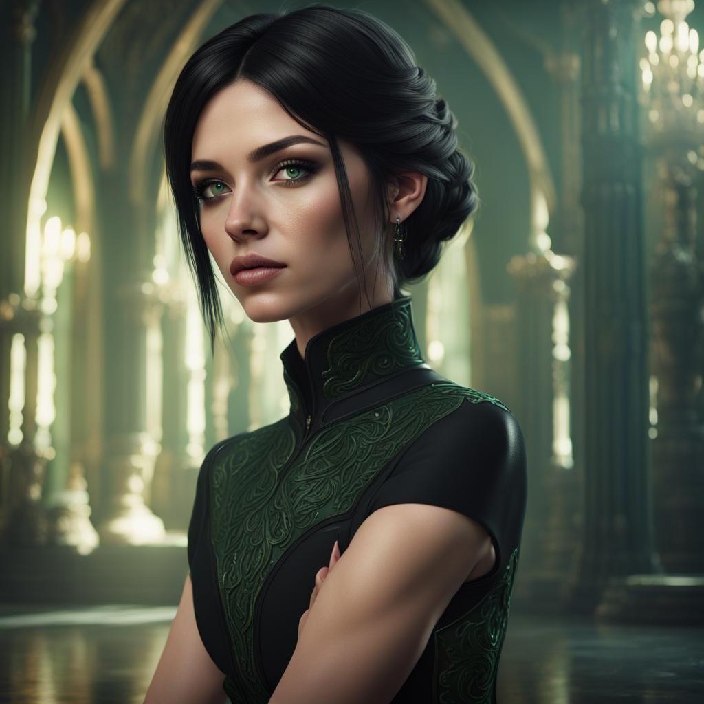 Green-Eyed Woman in Black Dress: Fantasy Art