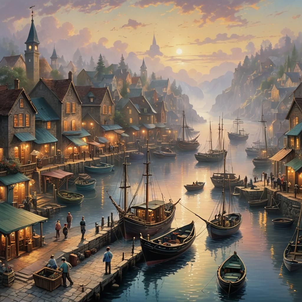 Fishing port. Boats in dock people are unloading the boats. people are walking down a stone sidewalk. At Sunrise