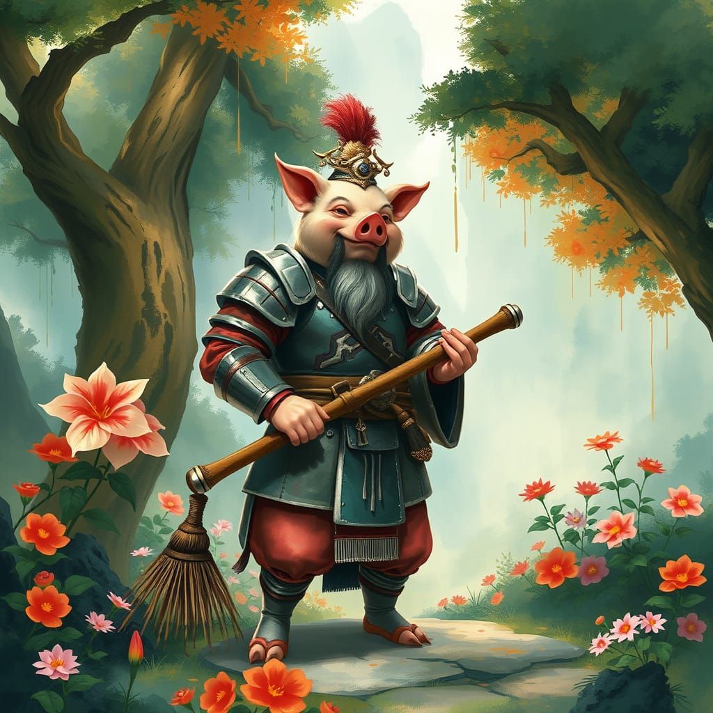 Zhu Bajie in Mystical Forest: Chinese Painting Style
