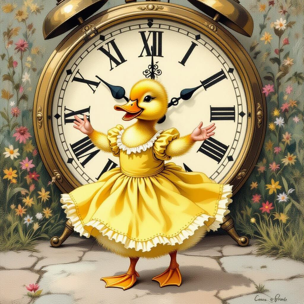Duckling's Dance: Storybook-Style Whimsical Scene