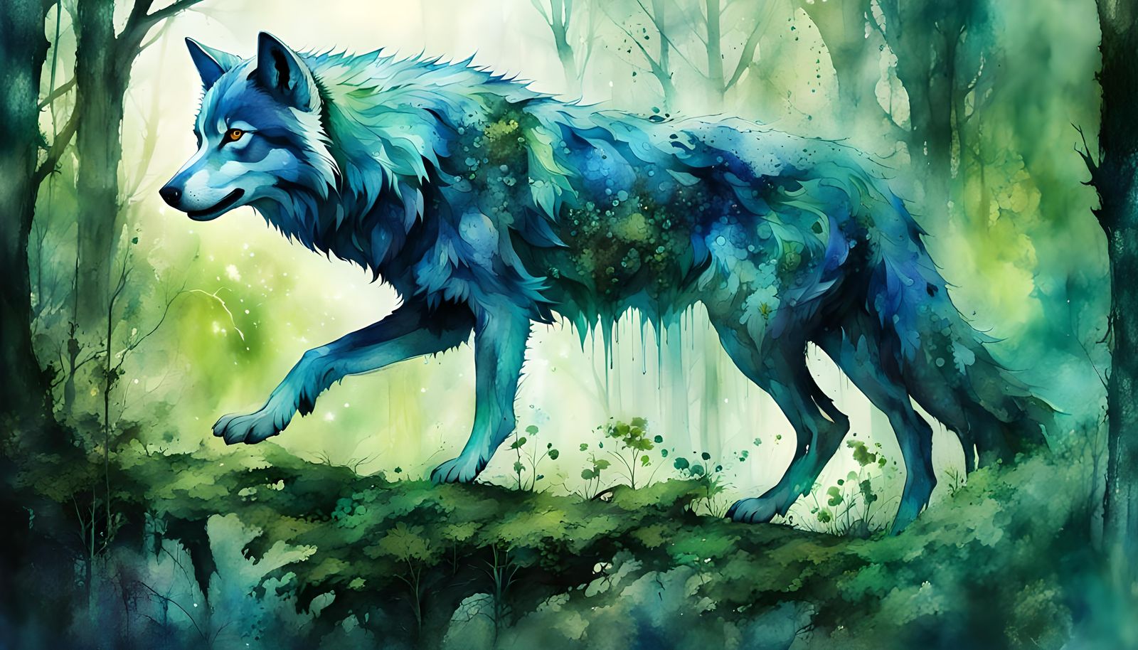 Blue Wolf Ghost in Jungle, Watercolor Fairytale