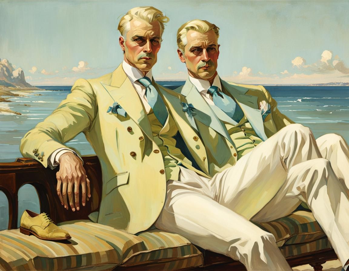 Blonde Gentlemen Relaxing by the Sea, Leyendecker Style