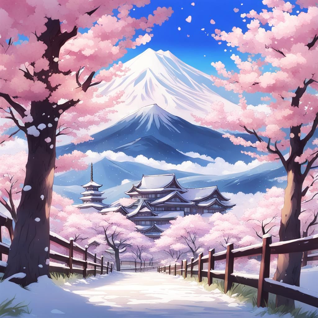 Anime-Inspired Mountain Scene with Cherry Blossoms