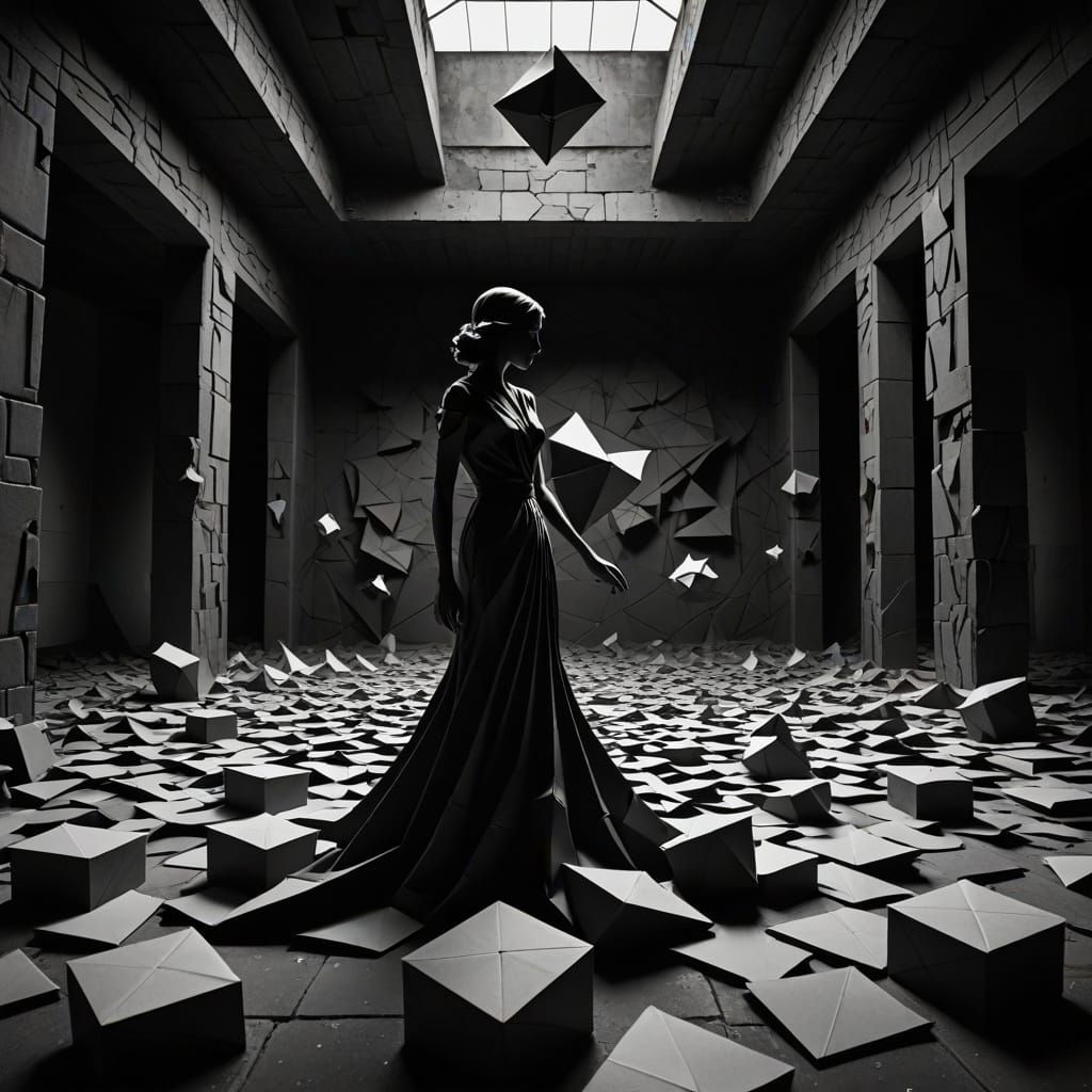 Whirlwind Devouring Origami Figure in Desolate Landscape