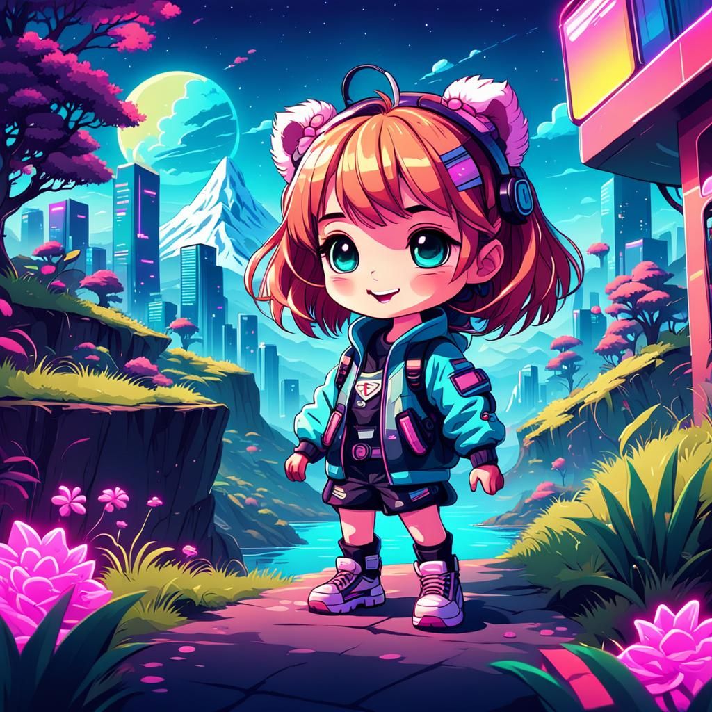 Charming Chibi Character in Synthwave Neon Retro Style