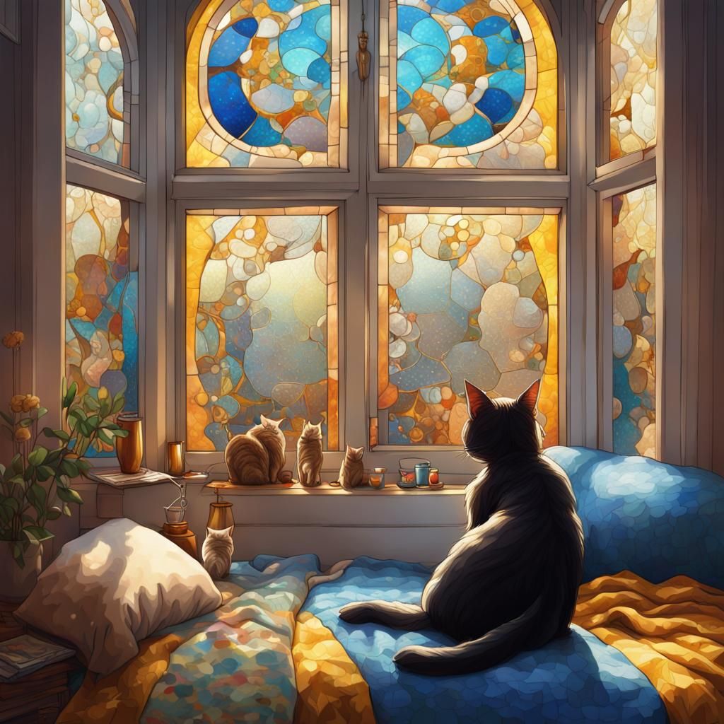 Cozy Bedroom with Stained Glass in Hyperrealistic Style