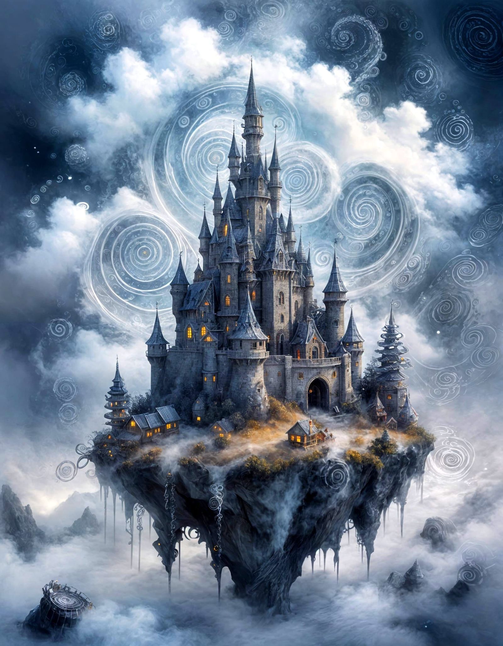 Dreamlike Castle of Clouds in Psychedelic Macabre Art