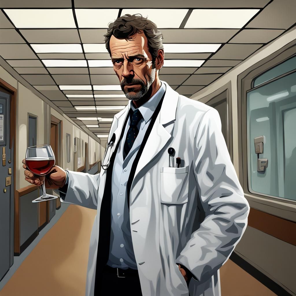 Dr. House Portrait with Cognac, Hyperrealistic Digital Art