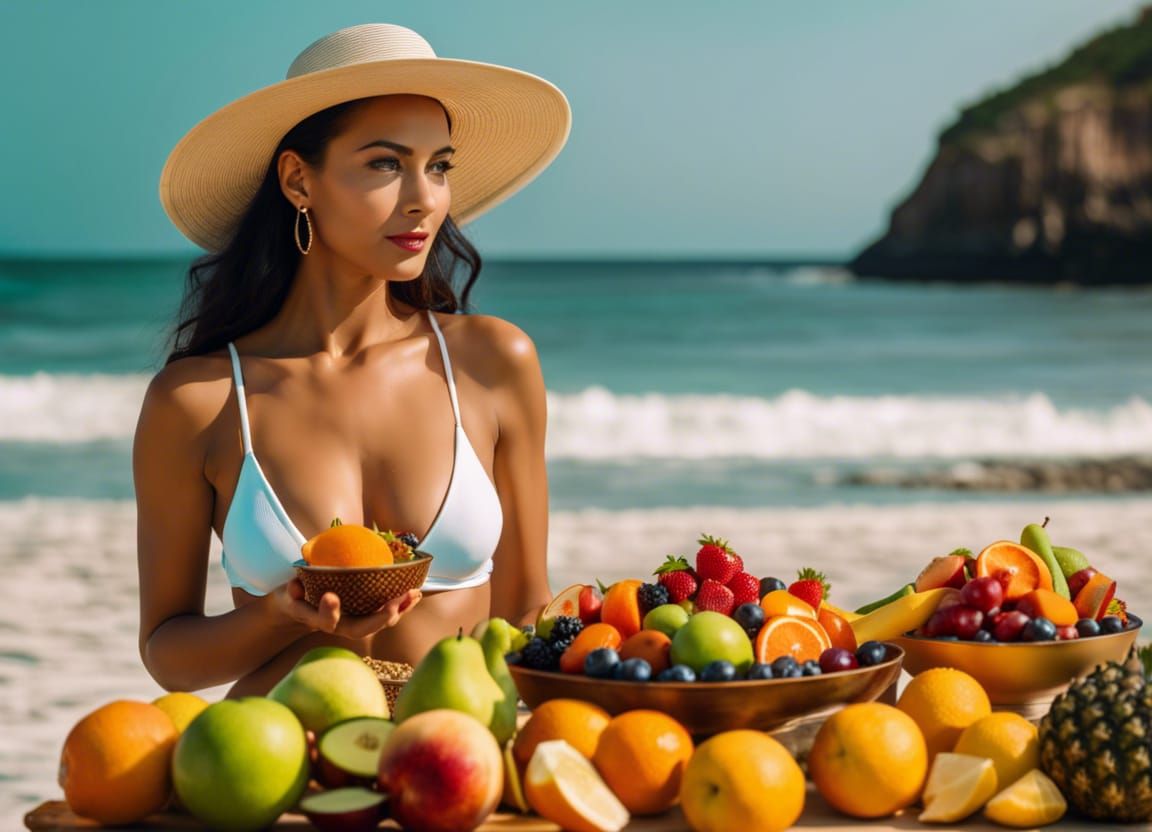 Attractive Woman Presents Fruit Bowls on Beach: 8K Photo