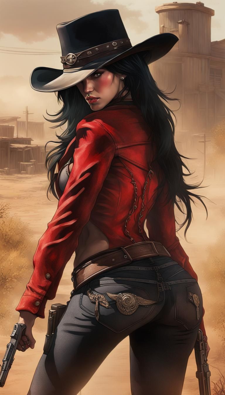 Female Gunslinger in Dodge City: Hyperrealistic Digital Port...