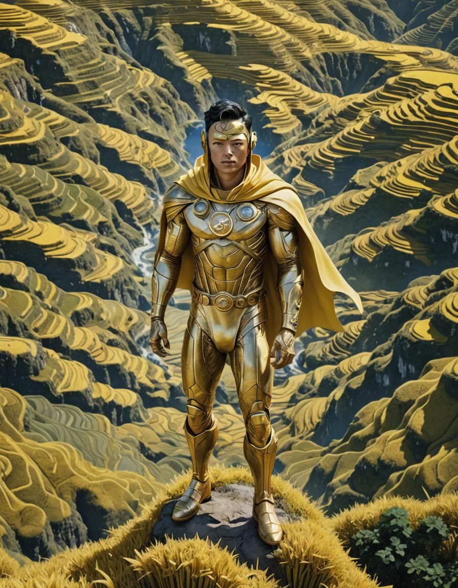 Astro Superhero Flies Over Rice Terraces as 3D Render