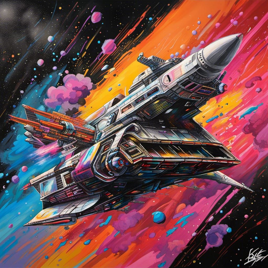 Grand Cruiser Spaceship Firing Guns in Graffiti Art Style