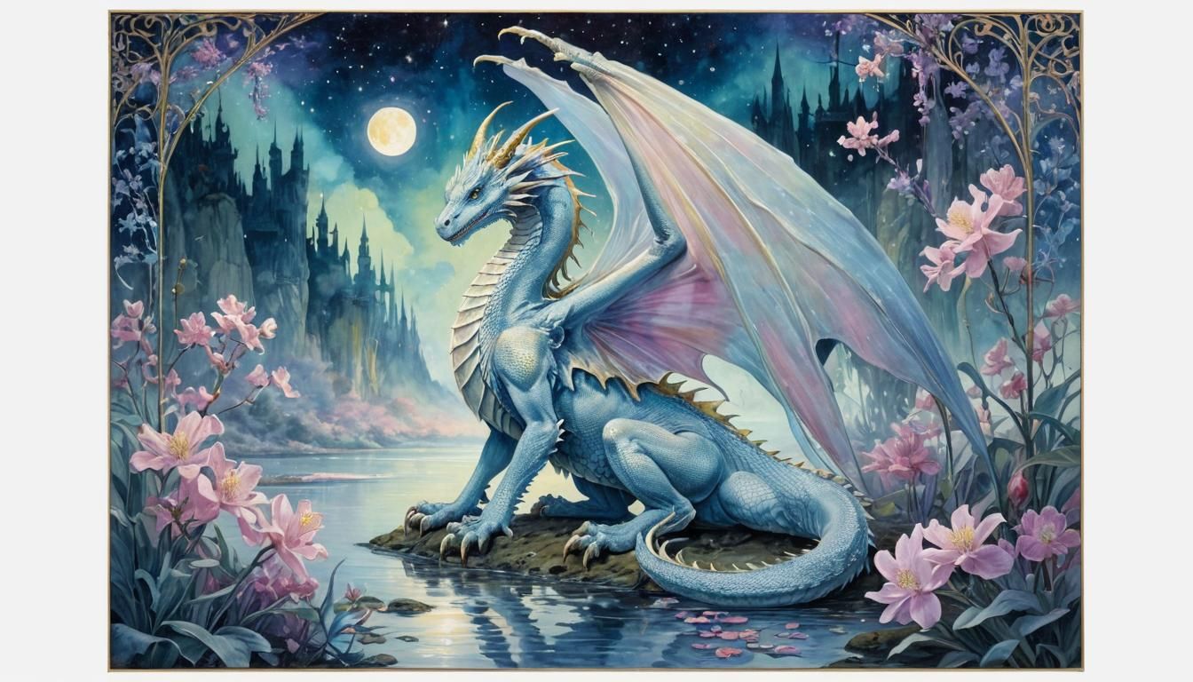 Art Nouveau Dragon Painting with Iridescent Texture