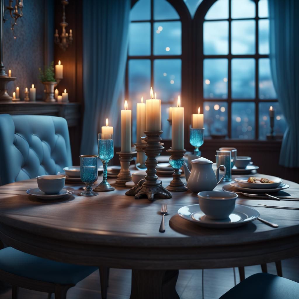 Cozy Candlelit Restaurant Table in Light Blue: 8K