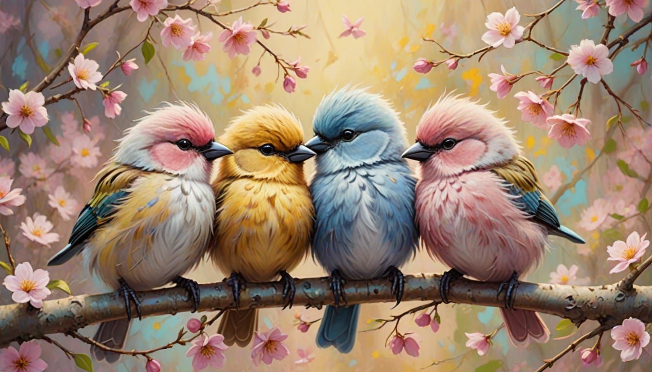 Cute Fluffy Birds Huddle in Spring Pastels