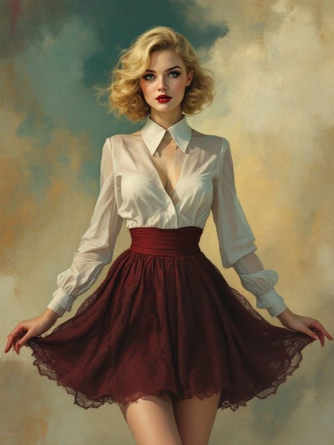 1950s Pin-Up Woman in Maroon Lace Skirt