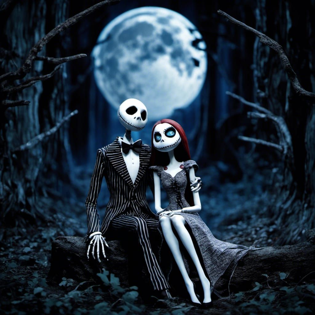 Full body shot of Jack Skellington and Sally, realistic, from the nightmare before christmas sitting in the forest under...