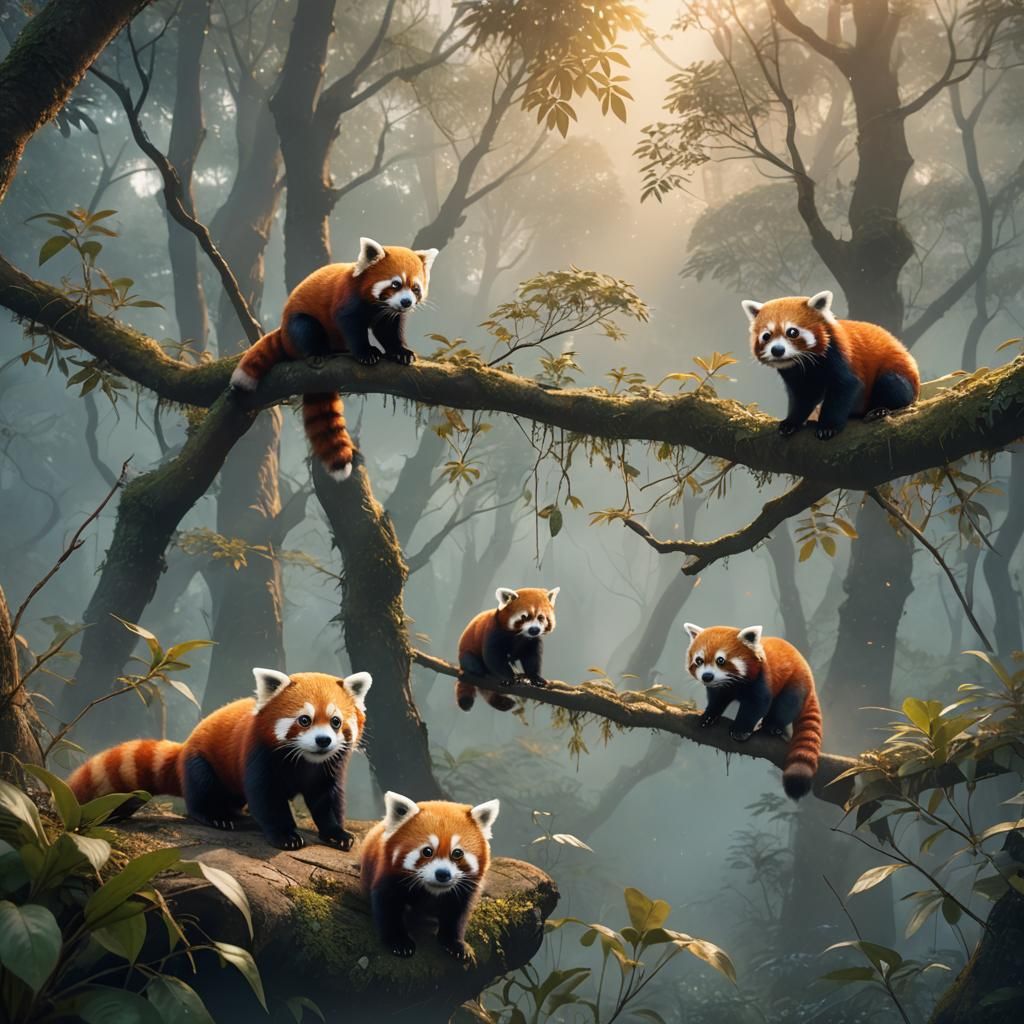 Red Panda Family in Misty Forest, Fantasy Art