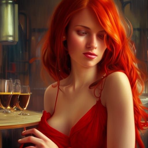 Sensual Redhead in Red Dress Portrait