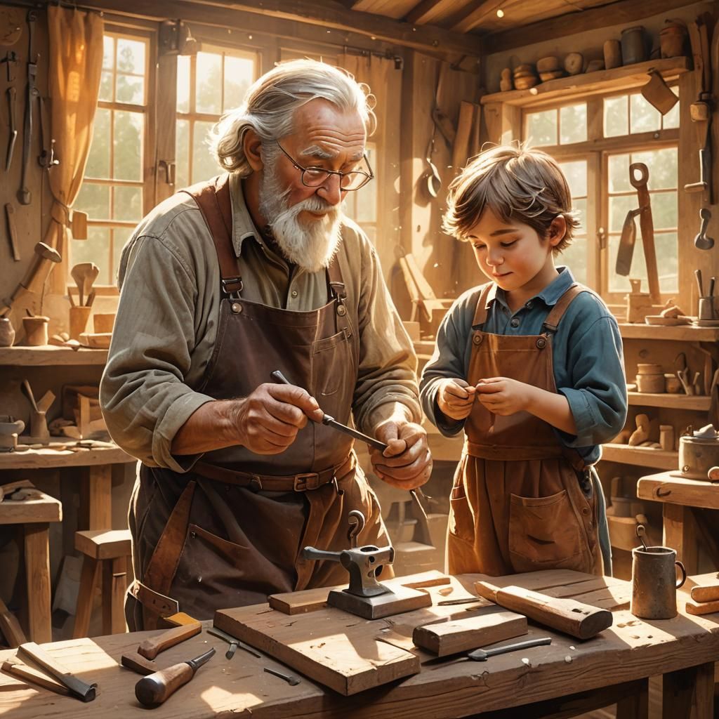 Whimsical Carpenter Teaches Child in Workshop