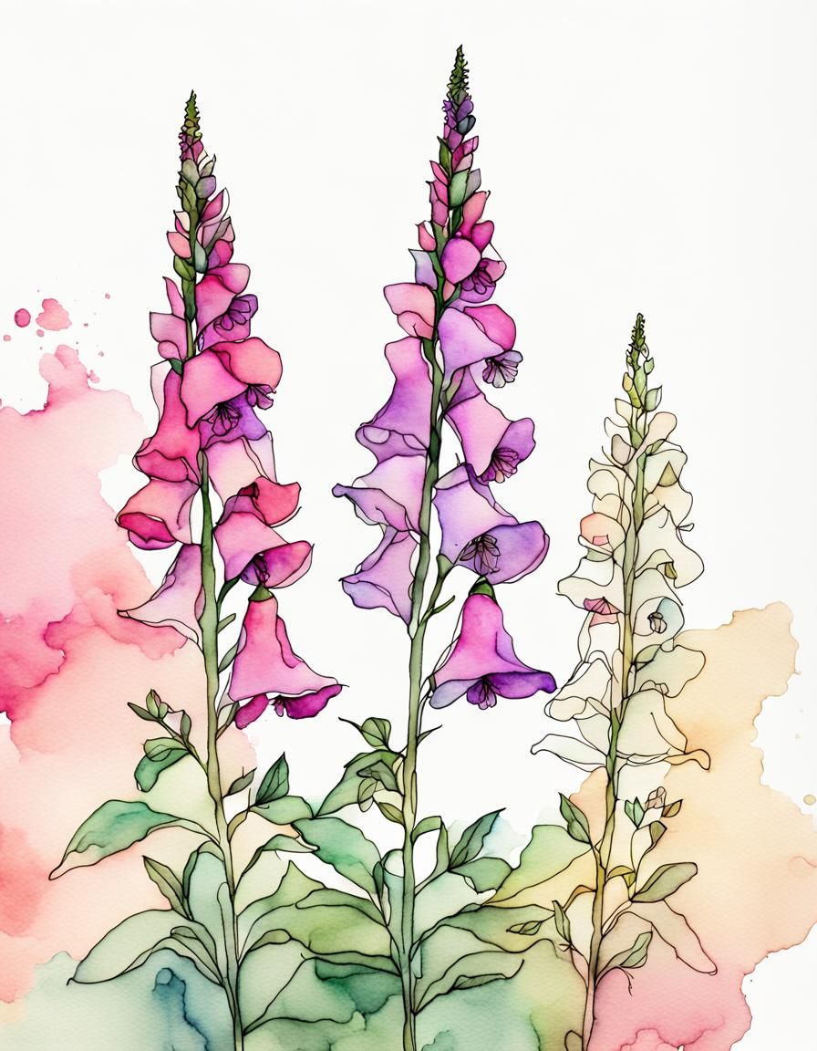 Foxglove One Line Art with Watercolor