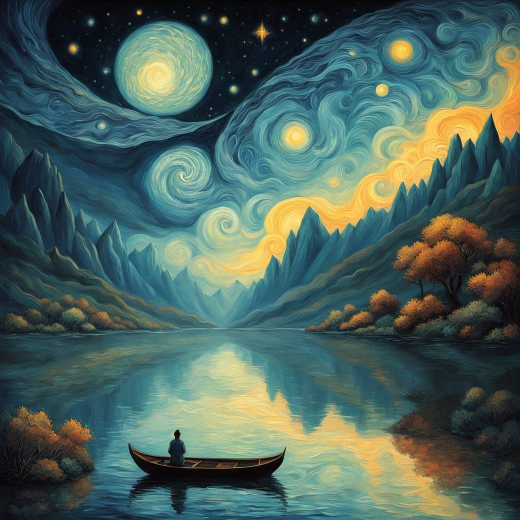 Bird Flies to Whimsical Galaxy over Lake