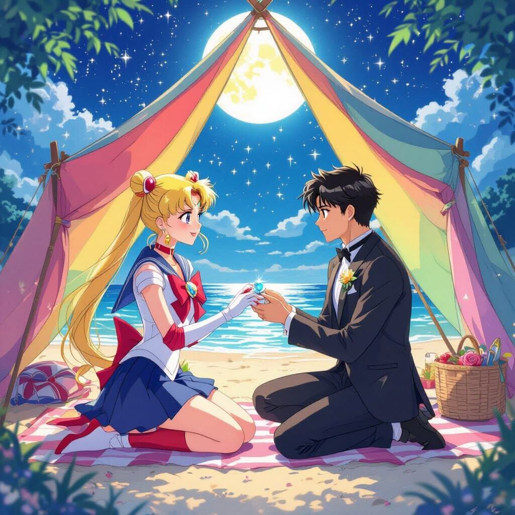 Sailor Moon Proposal on Beach in Anime Style