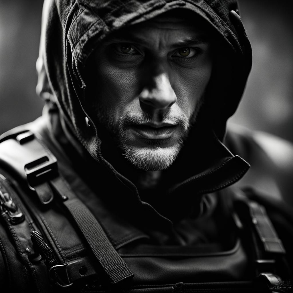 Red Hood Helmet Portrait in Military Fatigues