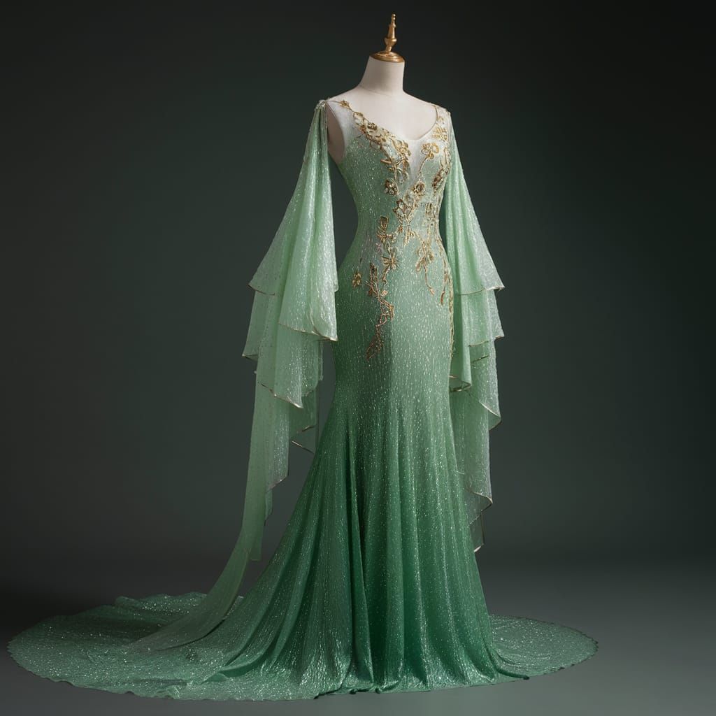Elvish Gown on Dress Form with Golden Embroidery