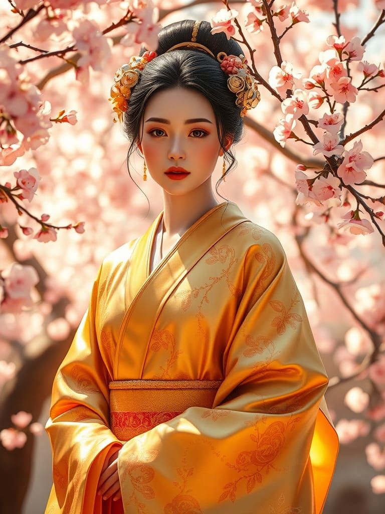 Serene Japanese Goddess in Golden Kimono amidst Cherry Bloss...