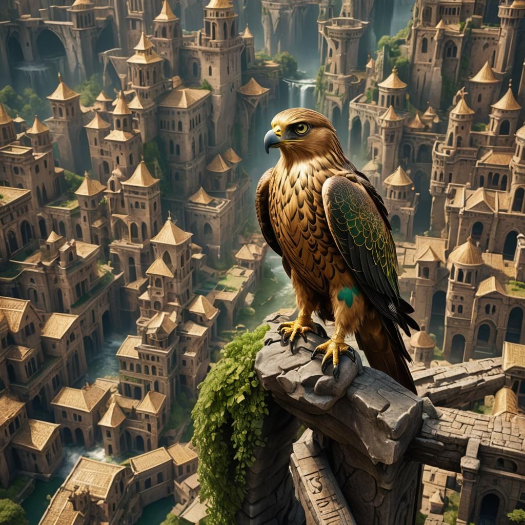 Golden Falcon with Green Eyes in Detailed Digital Painting