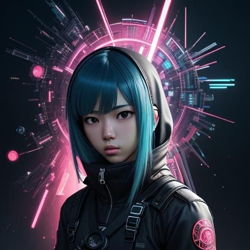 Cyberpunk Hacker with Blue Hair and Code