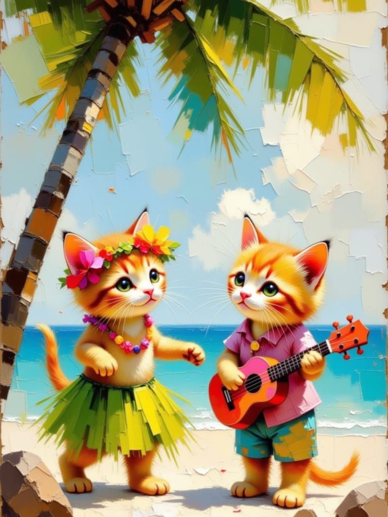 Fluffy Kittens Hula Dancing on Tropical Beach