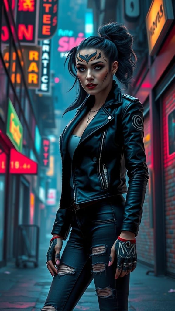 Cyberpunk Tribal Woman in Dystopian Cityscape