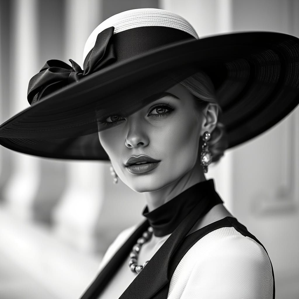 A stunning black-and-white portrait of a sophisticated woman adorned with a luxurious wide-brimmed black and White hat t...
