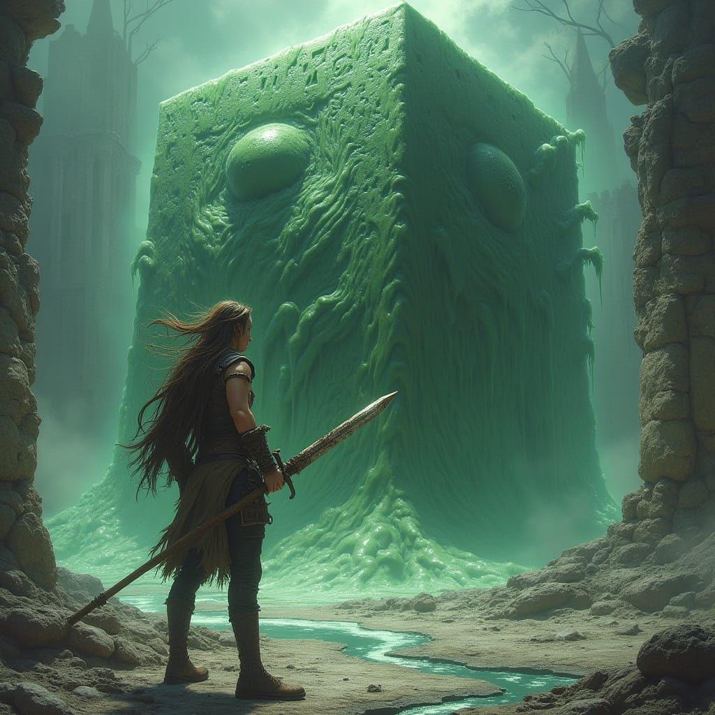 Heroic Adventurer Faces Malevolent Gelatinous Cube in Dark, ...