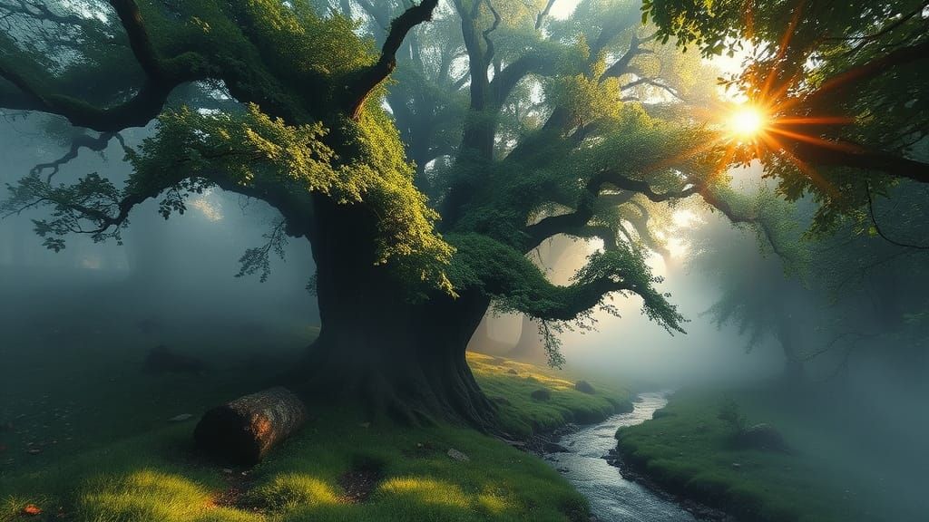Misty Oak Forest Stream in Ethereal Fog