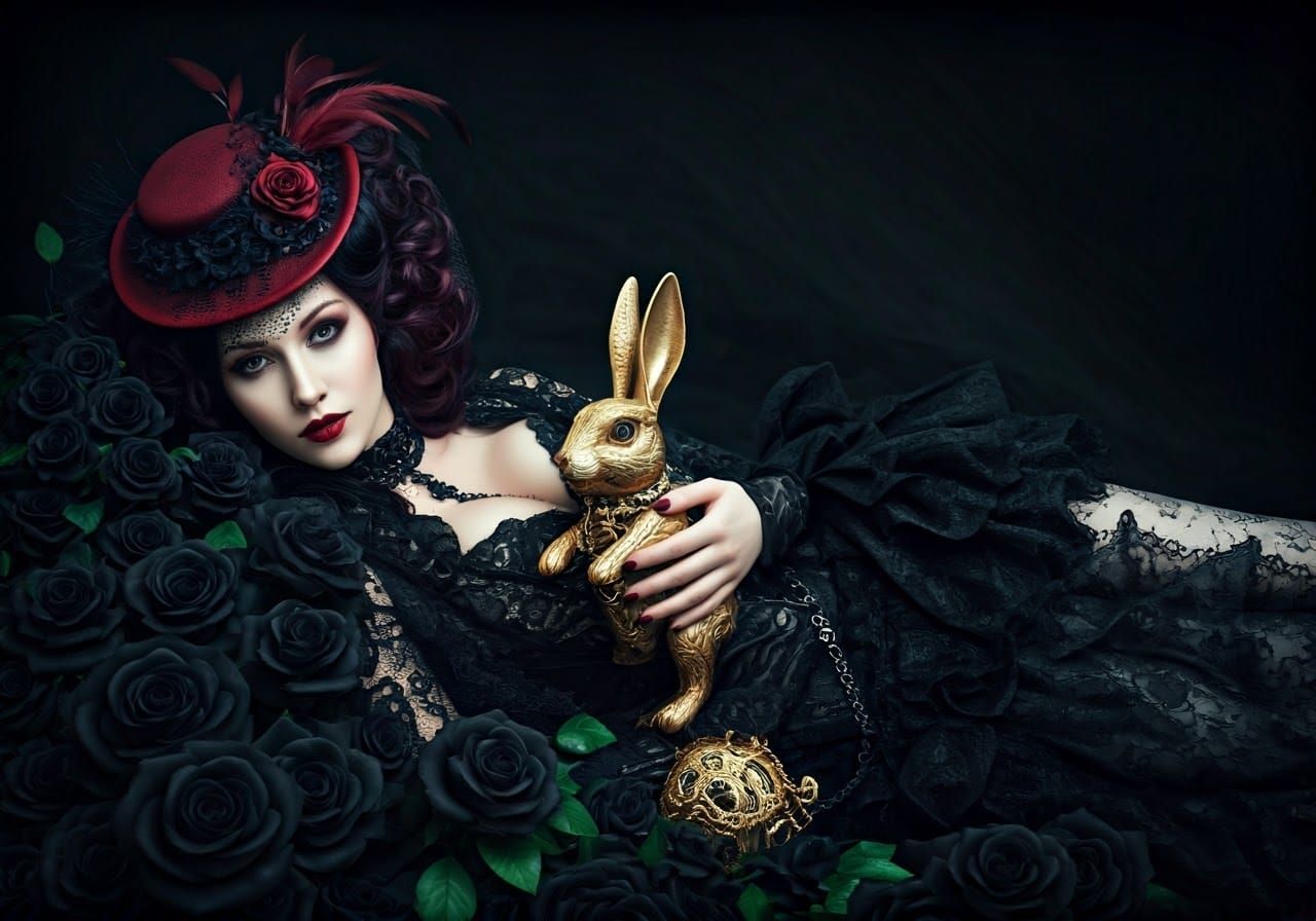 Gothic Noblewoman with Clockwork Rabbit amidst Black Roses