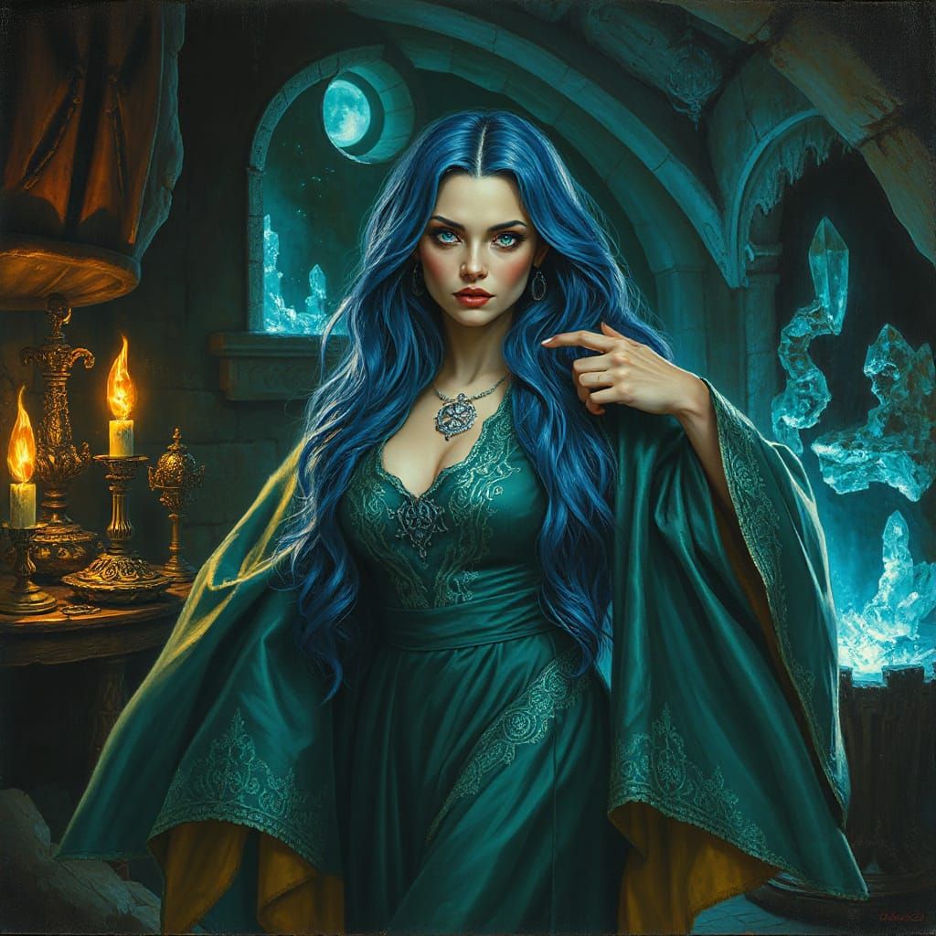 Enigmatic Sorceress in Midnight Green