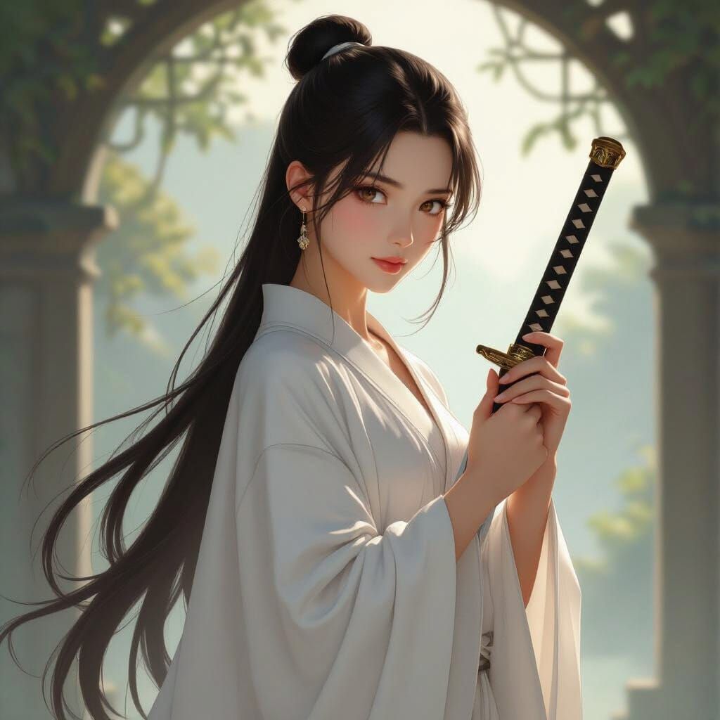 Elegant Young Woman with Sword in Alphonse Mucha Style