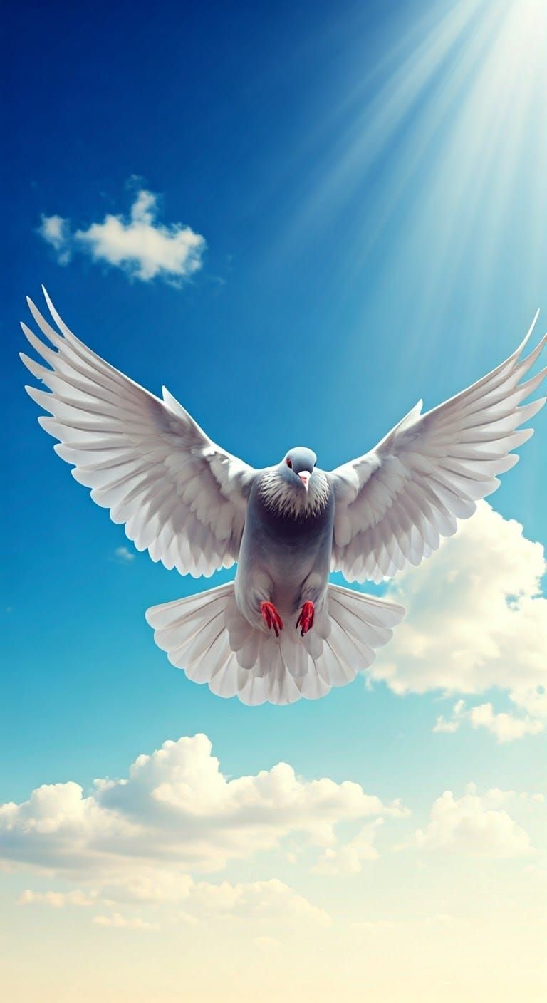 Serene Dove Descends from Radiant Blue Sky