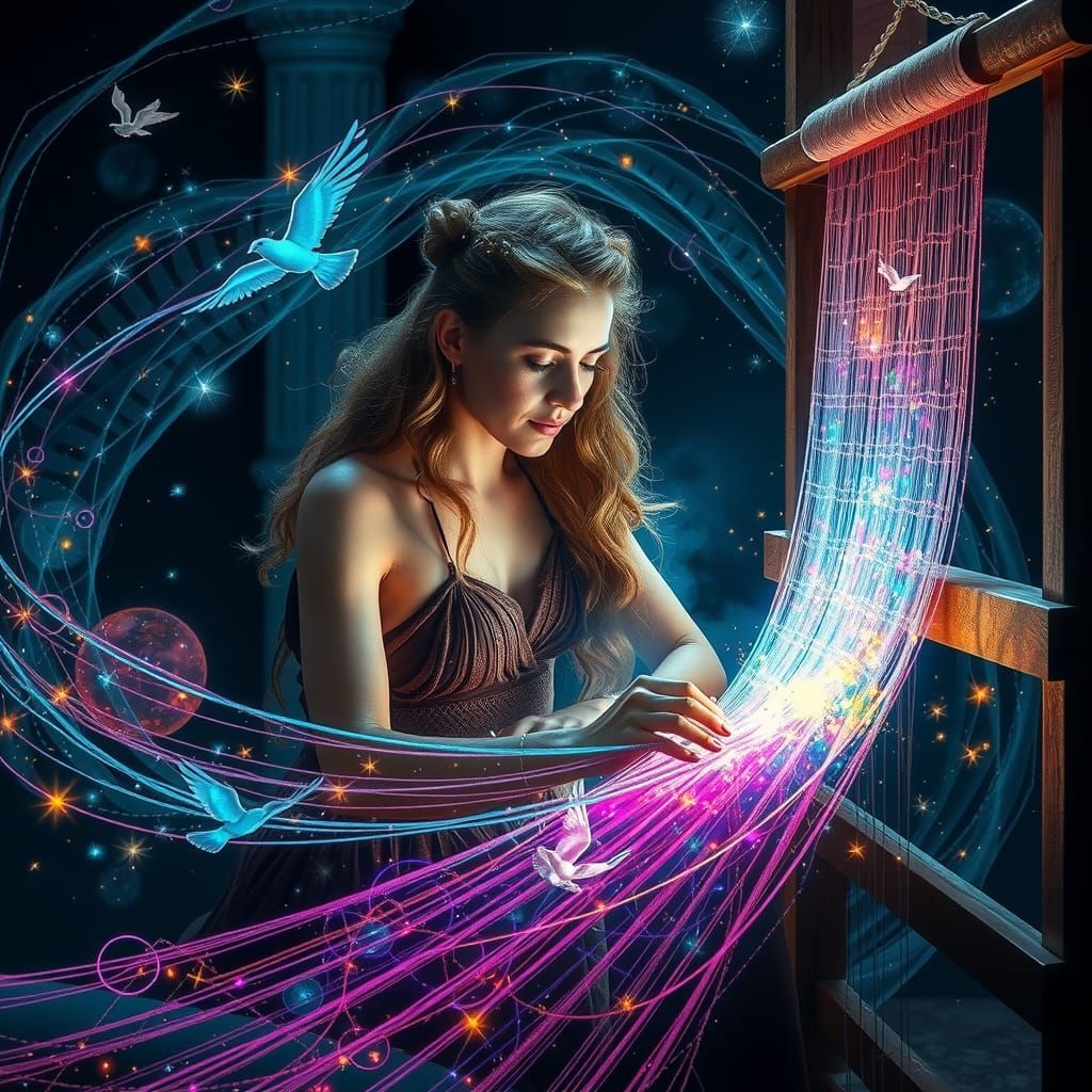 Athena Weaving a Cosmic Tapestry, Digital Art