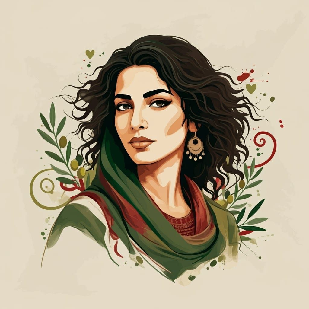 Minimalist Portrait of Palestinian Woman with Olive Branch