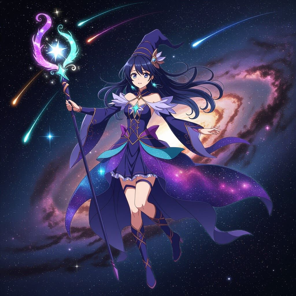 Anime Sorceress in Cosmic Nebula Dress in Outer Space