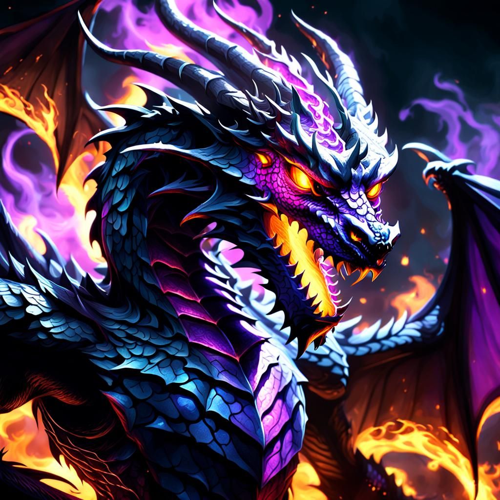fierce shadow dragon with dark aura and breathing purple flames