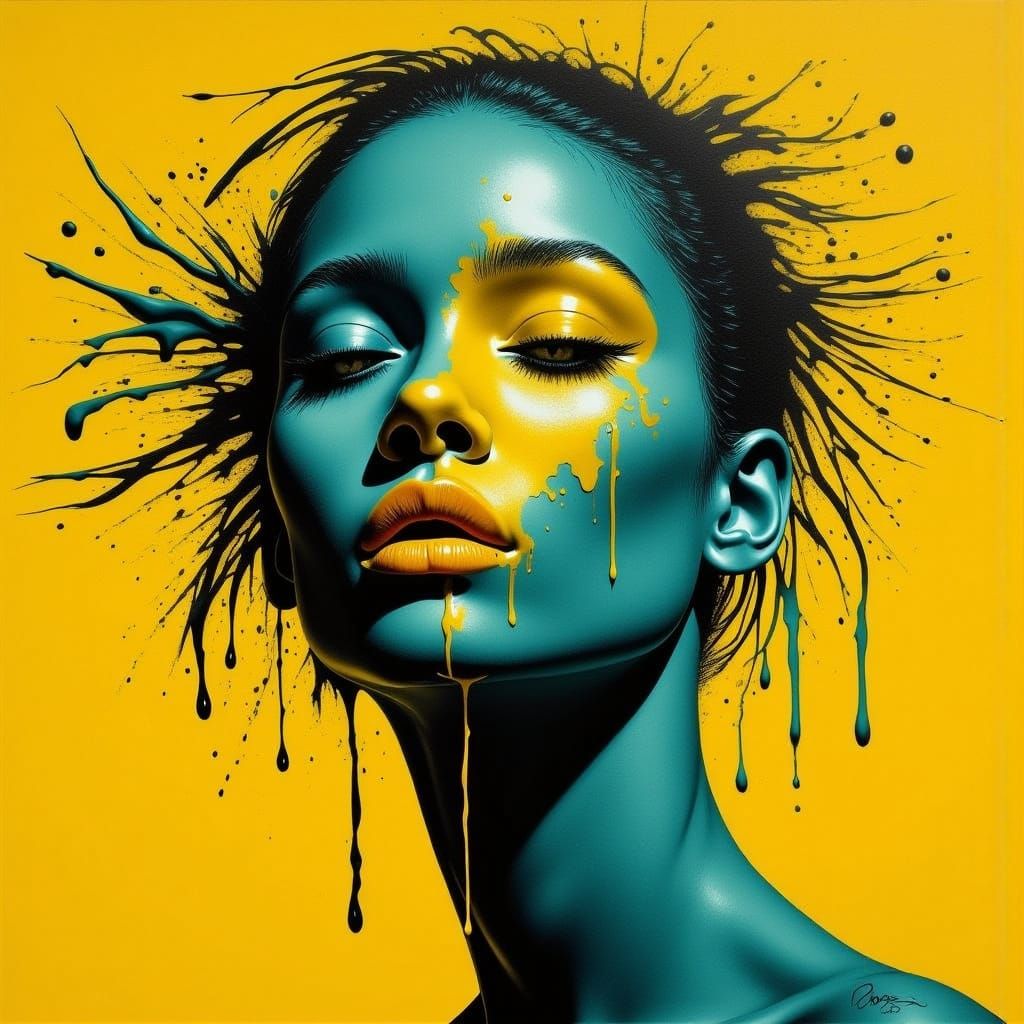 Teal Woman Portrait with Yellow Paint Splashes